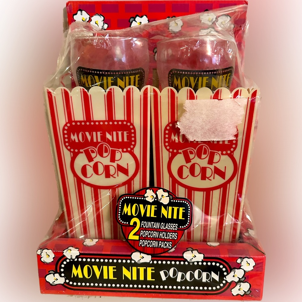 MOVIE NITE POPCORN BOX HOLDER FOUNTAIN COLA GLASS SET OF 2 CONTAINER COLLECTIBLE